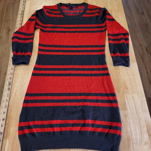 French Connection Red & Gray Striped Long Sleeve Mini Sweater Dress Bodycon Sm - Picture 2 of 11